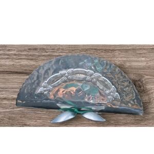 1950 Aluminum VTG Hand Forged Embossed Napkin / Letter‎ Holder Fan Shaped Floral